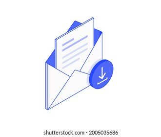 Descargar correo, documento en carta, correo electrónico, mensaje de carga, lista en sobre isométrico ilustrar icono de vector 3d. Ilustración moderna de diseño creativo en línea plana.