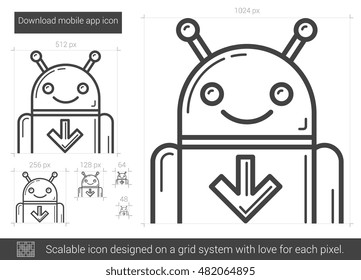 Download mobile app vector line icon isolated on white background. Download mobile app line icon for infographic, website or app. Scalable icon designed on a grid system.