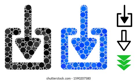 Download mosaic of spheric dots in different sizes and shades, based on download icon. Vector dots are organized into blue mosaic. Dotted download icon in usual and blue versions.