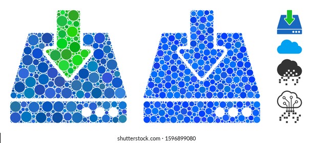Download mosaic of spheric dots in different sizes and shades, based on download icon. Vector round elements are united into blue mosaic. Dotted download icon in usual and blue versions.
