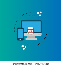 Download MOV file icon on pc screen. Downloading file concept. File with MOV icon and green down arrow sign.