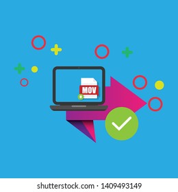 Download MOV file icon on pc screen. Downloading file concept. File with MOV icon and green down arrow sign.