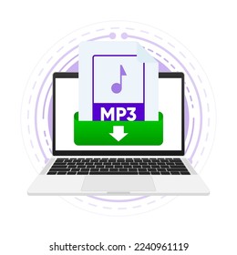 Download MP3 file with label on laptop screen. Downloading document concept. View, read, download MP3 file on laptops and mobile devices. Vector illustration.