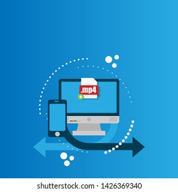 Download mp4 file icon on pc screen. Downloading file concept. File with mp4 icon and green down arrow sign