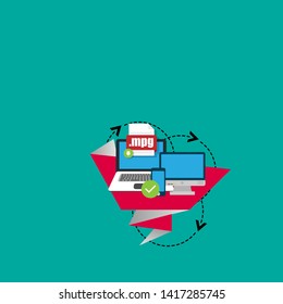 Download mpg file icon on pc screen. Downloading file concept. File with mpg icon and green down arrow sign