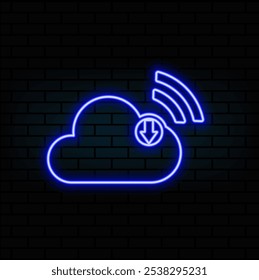 Descarga de archivos multimedia de gestión en la nube. Descarga de archivos digitales de Imagen Video y contenido. App con icono de notificación de transferencia de datos. estilo neón.. azul.
