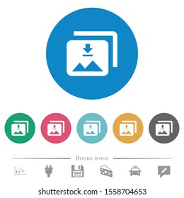 Download multiple images flat white icons on round color backgrounds. 6 bonus icons included.