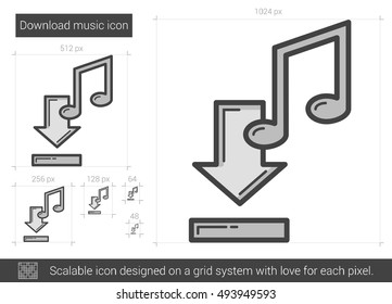Download music vector line icon isolated on white background. Download music line icon for infographic, website or app. Scalable icon designed on a grid system.