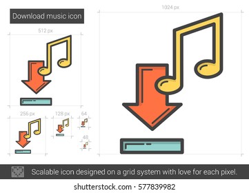 Download music vector line icon isolated on white background. Download music line icon for infographic, website or app. Scalable icon designed on a grid system.