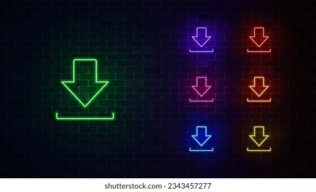 Download neon icon set. Glowing download sign. Vector illustration