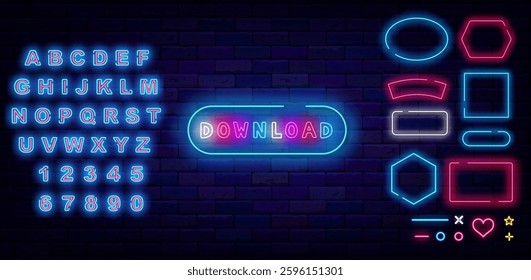 Download neon label. Geometric frames set. Glowing advertising. Online typography. Vector stock illustration