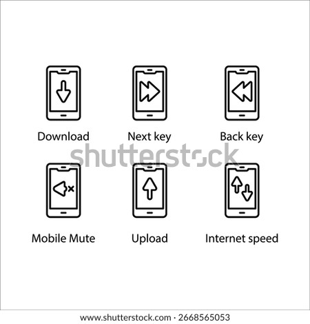 Download, Next key, Back key, Mobile Mute, Upload, Internet speed, icon, Line icon Set