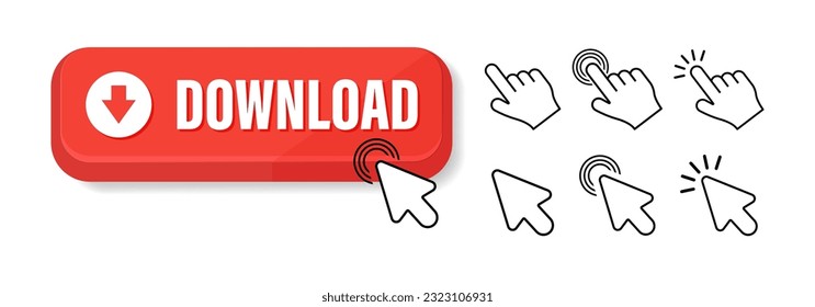 Botón Descargar ahora con un clic con la mano sobre fondo blanco. El cursor plano del dedo y el cursor del ratón aislados en el fondo blanco. Pulse el botón para el diseño de aplicaciones y web, ilustración vectorial.