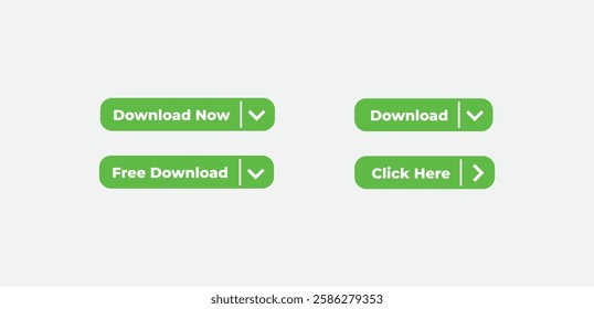 Download Now Button Set – Free Download, Click Here, Learn More, Watch Now – High-Quality Web UI Elements for Call to Action (CTA) – Vector Illustration