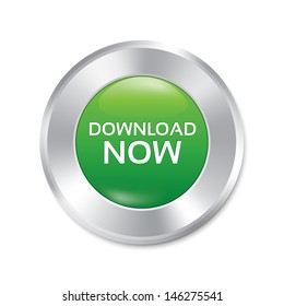 Download now button. Vector green round sticker. Metallic icon with gradient. Isolated on white.