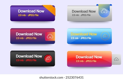 Download now buttons design. Colorful Downloads button pack for website, game, ads, UI, and project. vector