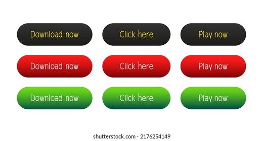Download now, click here, play now. Set of buttons. Vector clipart isolated on white background.