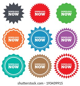 Download now icon. Download button. Load symbol. Stars stickers. Certificate emblem labels. Vector
