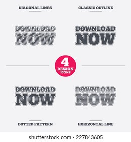 Download now icon. Download button. Load symbol. Diagonal and horizontal lines, classic outline, dotted texture. Pattern design icons.  Vector