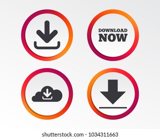 Download Now Icon. Upload From Cloud Symbols. Receive Data From A Remote Storage Signs. Infographic Design Buttons. Circle Templates. Vector