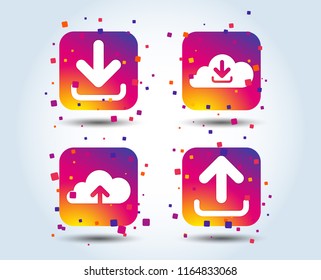 Download now icon. Upload from cloud symbols. Receive data from a remote storage signs. Colour gradient square buttons. Flat design concept. Vector