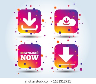Download now icon. Upload from cloud symbols. Receive data from a remote storage signs. Colour gradient square buttons. Flat design concept. Vector