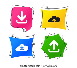 Download now icon. Upload from cloud symbols. Receive data from a remote storage signs. Geometric colorful tags. Banners with flat icons. Trendy design. Vector