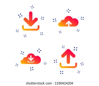 Download now icon. Upload from cloud symbols. Receive data from a remote storage signs. Random dynamic shapes. Gradient upload icon. Vector