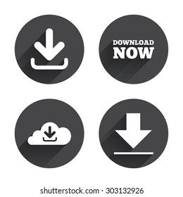 Download now icon. Upload from cloud symbols. Receive data from a remote storage signs. Circles buttons with long flat shadow. Vector