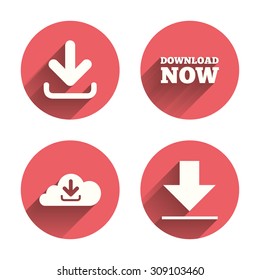 Download Now Icon. Upload From Cloud Symbols. Receive Data From A Remote Storage Signs. Pink Circles Flat Buttons With Shadow. Vector