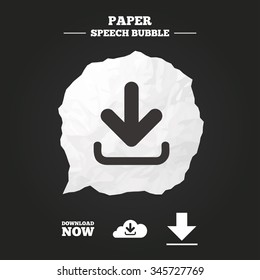 Download now icon. Upload from cloud symbols. Receive data from a remote storage signs. Paper speech bubble with icon.