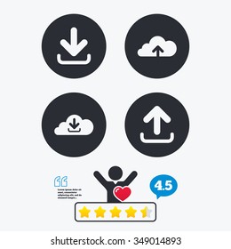 Download now icon. Upload from cloud symbols. Receive data from a remote storage signs. Star vote ranking. Client like and think bubble. Quotes with message.