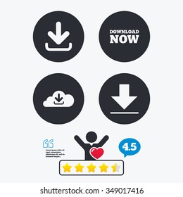 Download now icon. Upload from cloud symbols. Receive data from a remote storage signs. Star vote ranking. Client like and think bubble. Quotes with message.