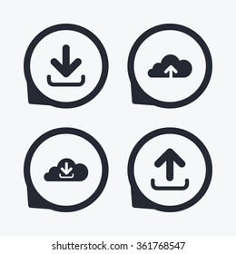 Download now icon. Upload from cloud symbols. Receive data from a remote storage signs. Flat icon pointers.