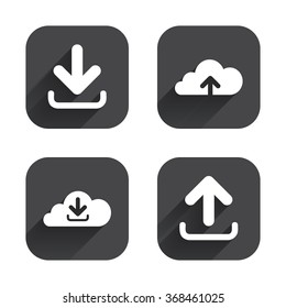 Download now icon. Upload from cloud symbols. Receive data from a remote storage signs. Square flat buttons with long shadow.