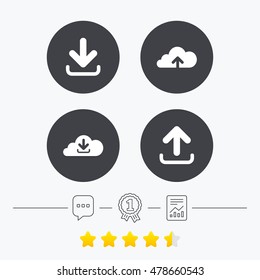Download now icon. Upload from cloud symbols. Receive data from a remote storage signs. Chat, award medal and report linear icons. Star vote ranking. Vector