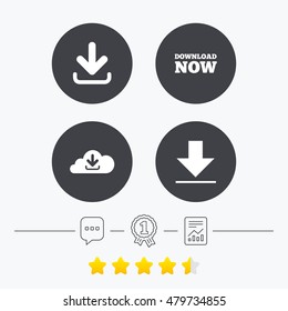 Download Now Icon. Upload From Cloud Symbols. Receive Data From A Remote Storage Signs. Chat, Award Medal And Report Linear Icons. Star Vote Ranking. Vector