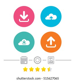 Download now icon. Upload from cloud symbols. Receive data from a remote storage signs. Calendar, cogwheel and report linear icons. Star vote ranking. Vector
