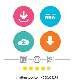 Download now icon. Upload from cloud symbols. Receive data from a remote storage signs. Calendar, cogwheel and report linear icons. Star vote ranking. Vector