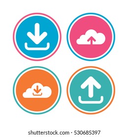 Download Now Icon. Upload From Cloud Symbols. Receive Data From A Remote Storage Signs. Colored Circle Buttons. Vector