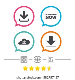 Download now icon. Upload from cloud symbols. Receive data from a remote storage signs. Calendar, internet globe and report linear icons. Star vote ranking. Vector
