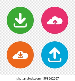 Download Now Icon. Upload From Cloud Symbols. Receive Data From A Remote Storage Signs. Round Buttons On Transparent Background. Vector