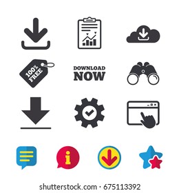 Download now icon. Upload from cloud symbols. Receive data from a remote storage signs. Browser window, Report and Service signs. Binoculars, Information and Download icons. Stars and Chat. Vector