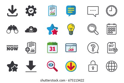 Download now icon. Upload from cloud symbols. Receive data from a remote storage signs. Chat, Report and Calendar signs. Stars, Statistics and Download icons. Question, Clock and Globe. Vector
