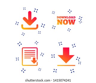 Download now icon. Upload file document symbol. Receive data from a remote storage signs. Random dynamic shapes. Gradient download icon. Vector