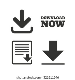 Download now icon. Upload file document symbol. Receive data from a remote storage signs. Flat icons on white. Vector