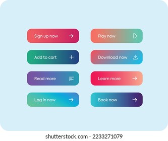 Descargar ahora, Más información, Leer más, Reproducir ahora botones de degradado. Conjunto de botones de aplicación móvil y de sitio web. Botón Reproducir ahora, botón Descargar ahora, botón Leer más. botón Añadir al carro