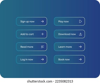 Jetzt herunterladen, mehr lernen, mehr lesen, jetzt Farbverlauf-Schaltflächen wiedergeben. Set von Website- und mobilen Anwendungsknöpfen. Schaltfläche Jetzt abspielen, Jetzt herunterladen und mehr lesen. Zu Warenkorb hinzufügen