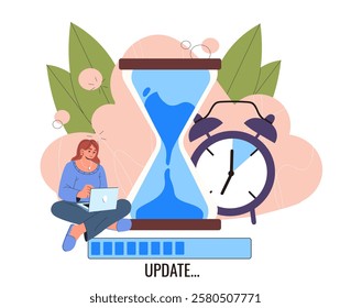 Download on computer. Woman with laptop sitting near hourglasses and progress bar. Updating software and operating system. Installing, uploading and downloading. Flat vector illustration