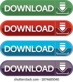 Download on device button. Downloading colorful icon. Upload for PC and mobile phone vector illustration. Loading symbol for website. File, data download. Green, red, blue and purple download button.